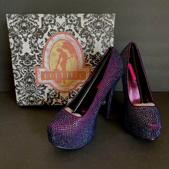 Bordello Teeze Rhinestone Platforms Purple with Iridescent Stones Size 8 - Picture 12 of 13